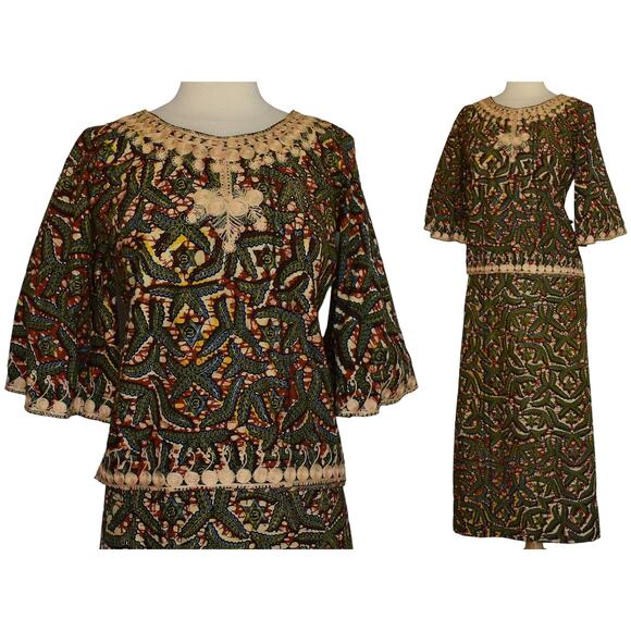 Vintage 70s Embroidered Batik Blouse & Wrap Skirt Set, Two Piece Ensemble, XS S - Picture 2 of 10
